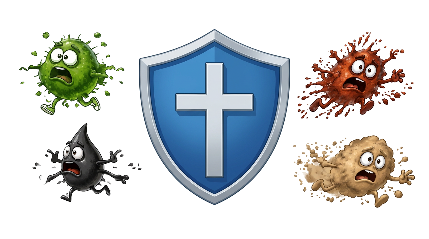 Blue shield with a Christian cross between illustrated algae, oil, rust, and dirt characters
