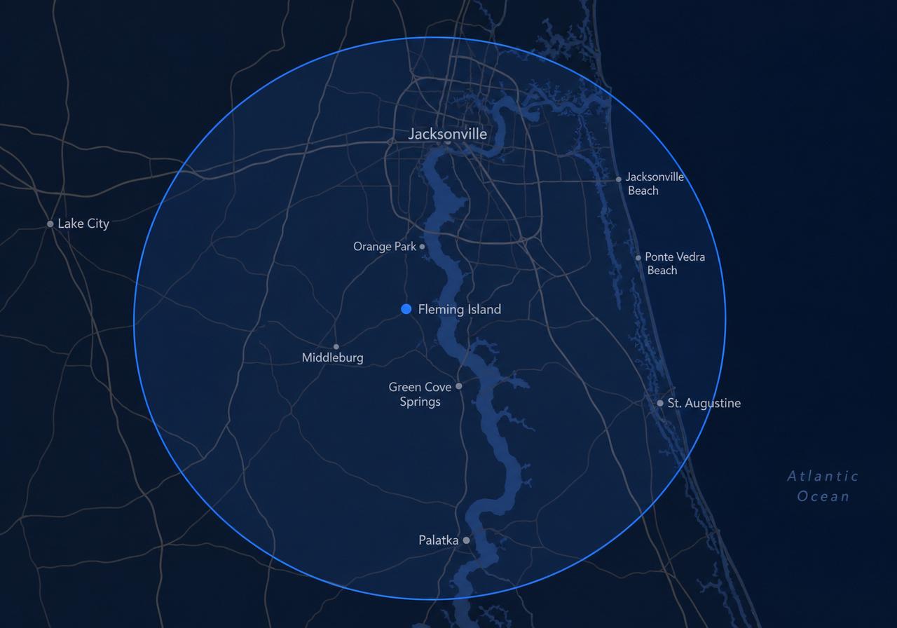 Service area map showing a 40-mile radius around Fleming Island, Florida, covering Jacksonville, Orange Park, Middleburg, Green Cove Springs, St. Augustine, and surrounding communities